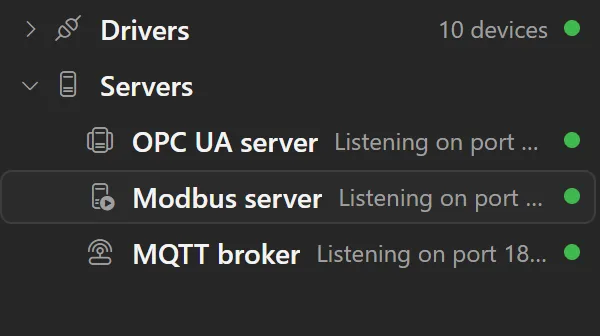 The station's three servers listening: OPC UA, Modbus and MQTT